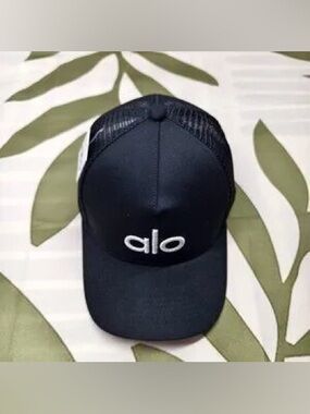 ALO Yoga Black Mesh Trucker Hat with White Logo